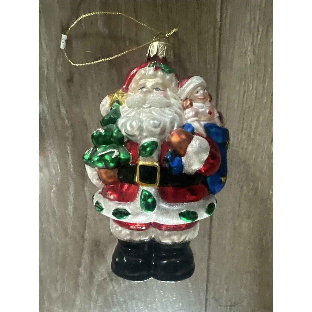 Santa Claus With A Bag Of Toys & Snowman Blown Glass Christmas Tree Ornament 5